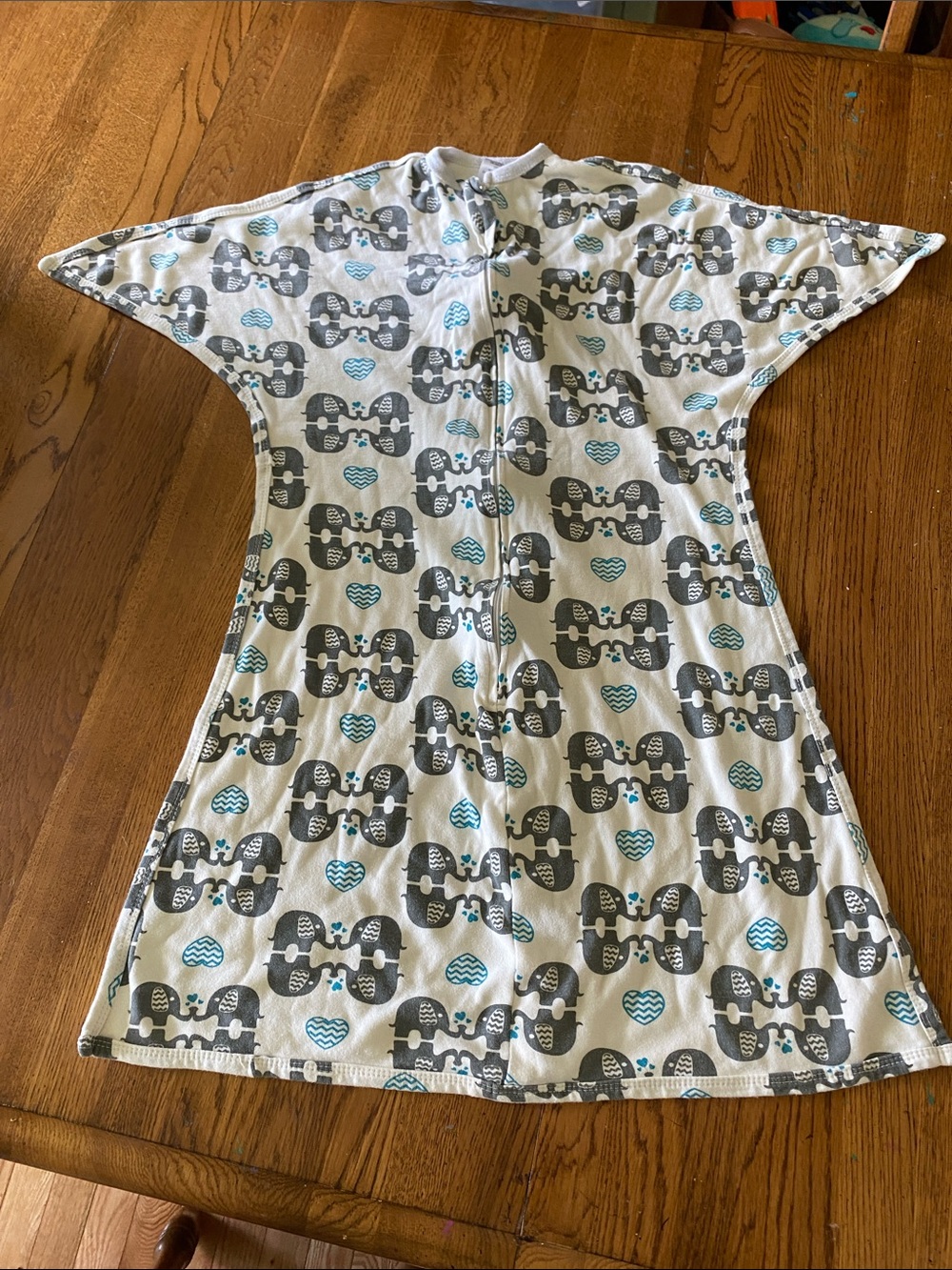 Baby Swaddle Sack with elephant and heart Print - Gray & Teal